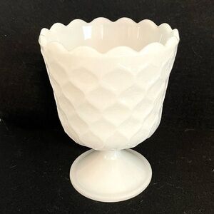 Vintage Milk Glass Pedestal Planter Dish Diamond Dimple Pattern Scalloped Rim 6”